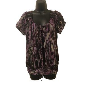 Nicole Miller Multicolor Blouse Tie Neck Short Sleeve Ribbed Hem Size Medium